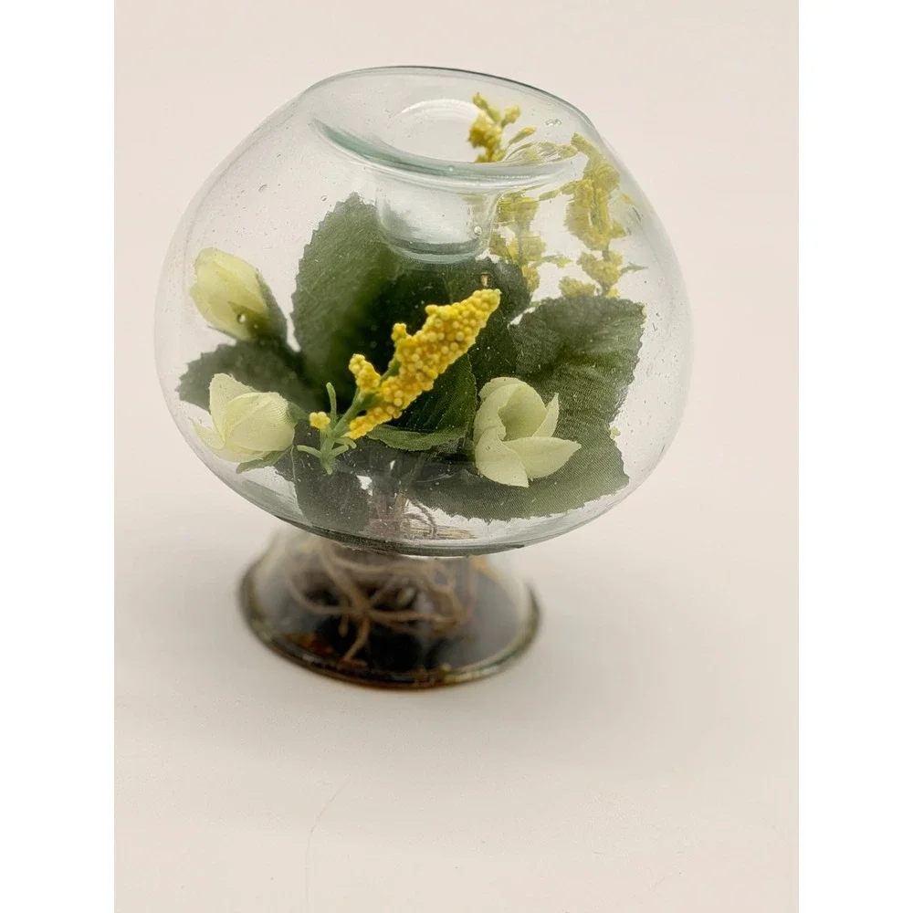Vintage Glass Orb Candle Holder Encased Faux Yellow White Flowers Terrarium 3.5